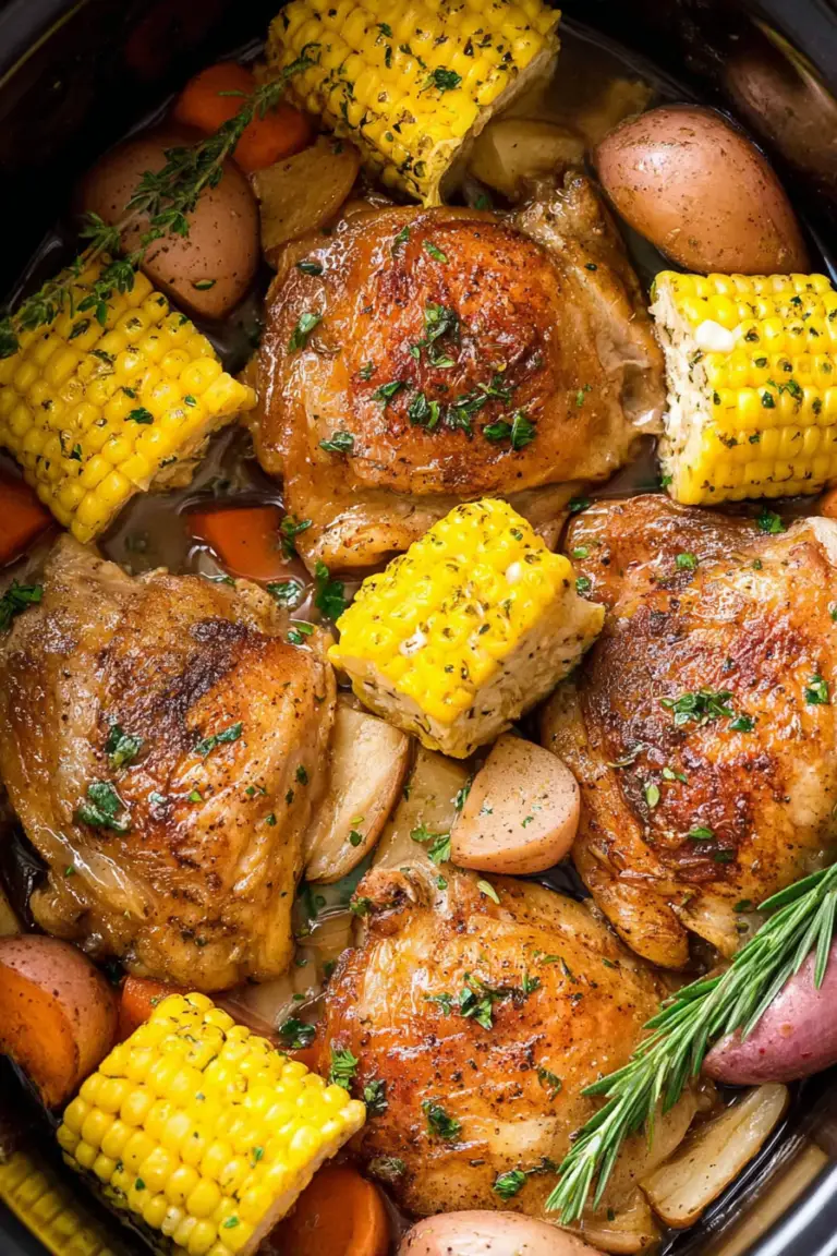Delicious slow cooker chicken thighs served with carrots, red potatoes, and corn, topped with fresh thyme and rosemary.