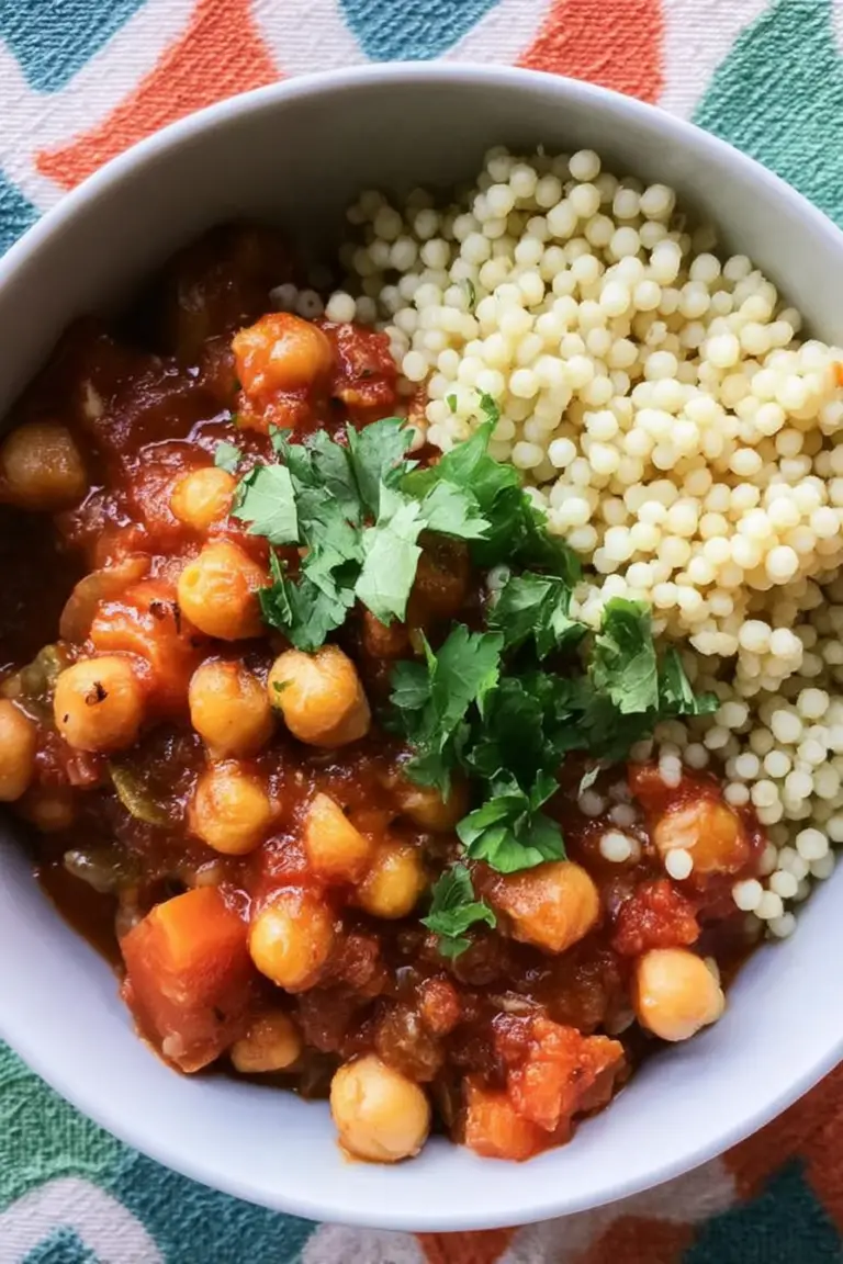 A bowl of slow cooker Moroccan chickpea stew featuring chickpeas, carrots, and spices, served with couscous, garnished with fresh parsley.