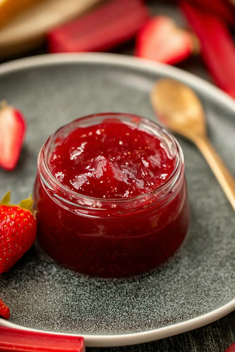A jar of homemade small batch strawberry rhubarb jam surrounded by fresh strawberries and rhubarb stalks.