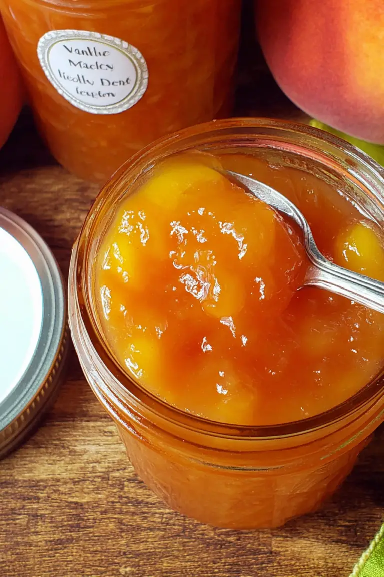 Jar of small batch vanilla peach jam with fresh peaches and vanilla pods