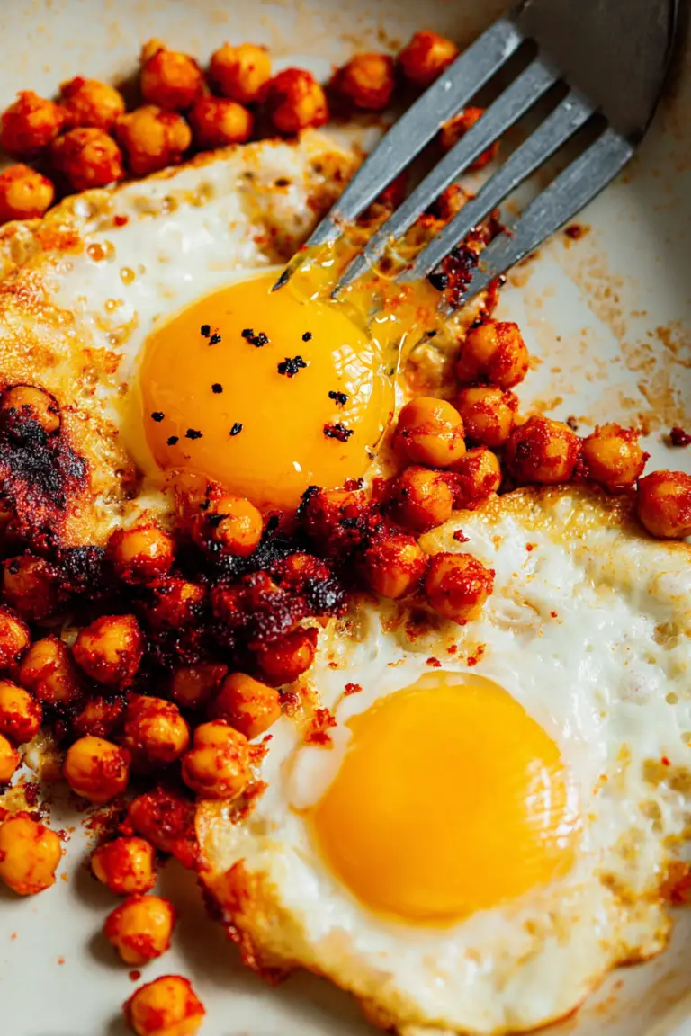 Close-up of smoky chickpea fried eggs served with avocado and toast, showcasing vibrant colors and textures.