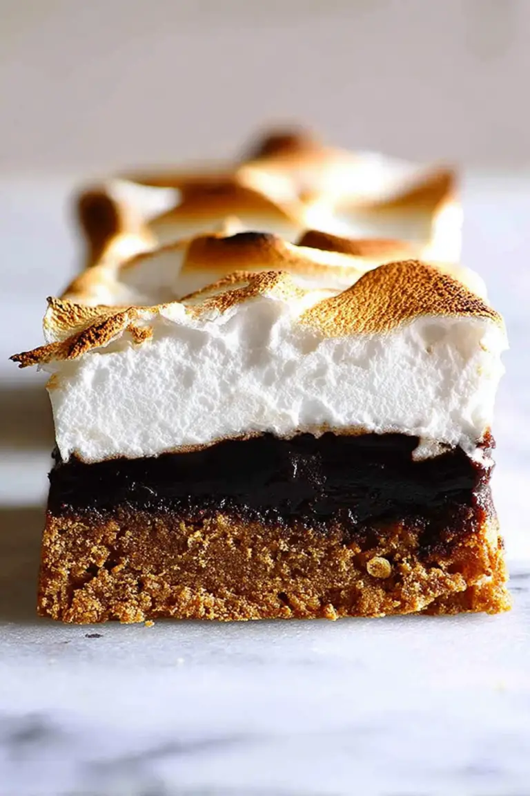 Close-up of a s'mores brownie with melted chocolate and toasted marshmallows, alongside graham crackers and chocolate bars.