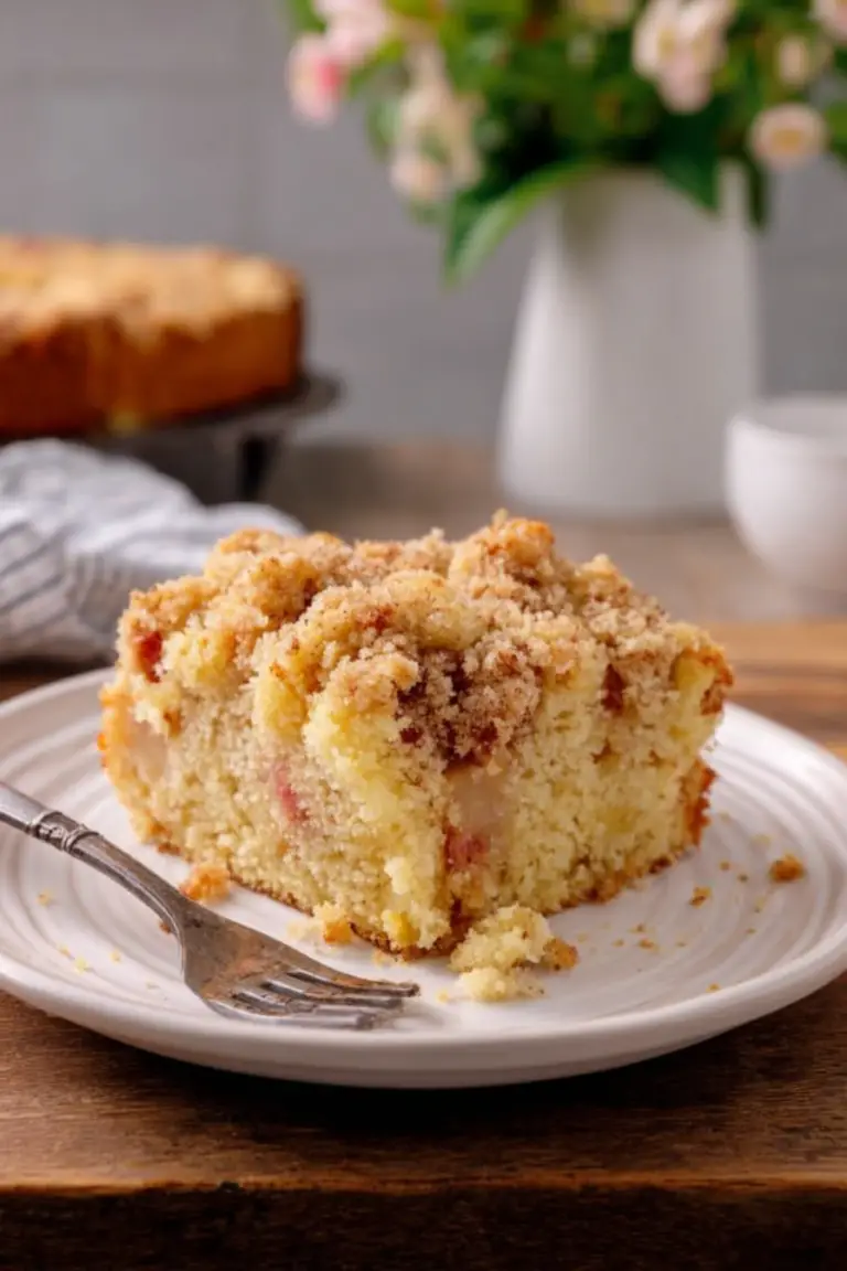 Slice of sour cream rhubarb coffee cake with fresh rhubarb garnishments on a plate