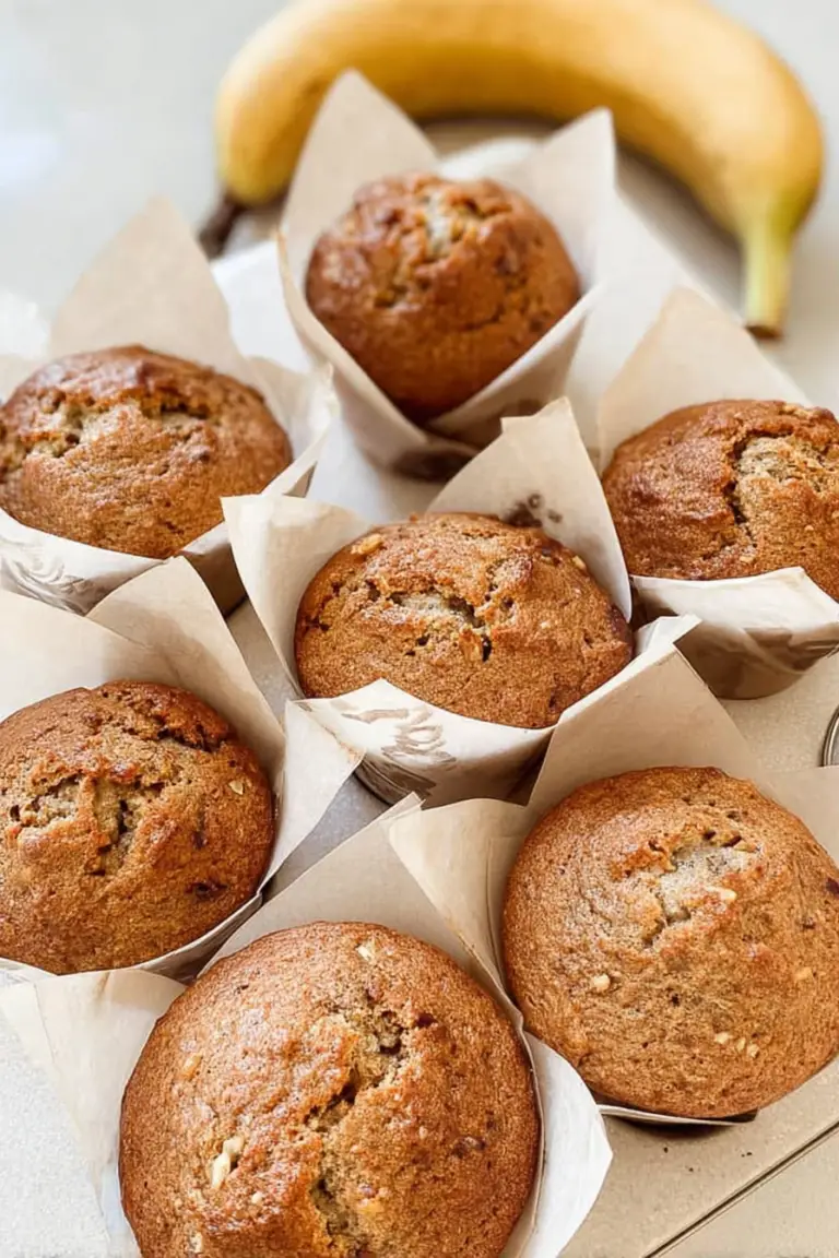 Freshly baked sourdough discard banana bread muffins with melting butter on top.