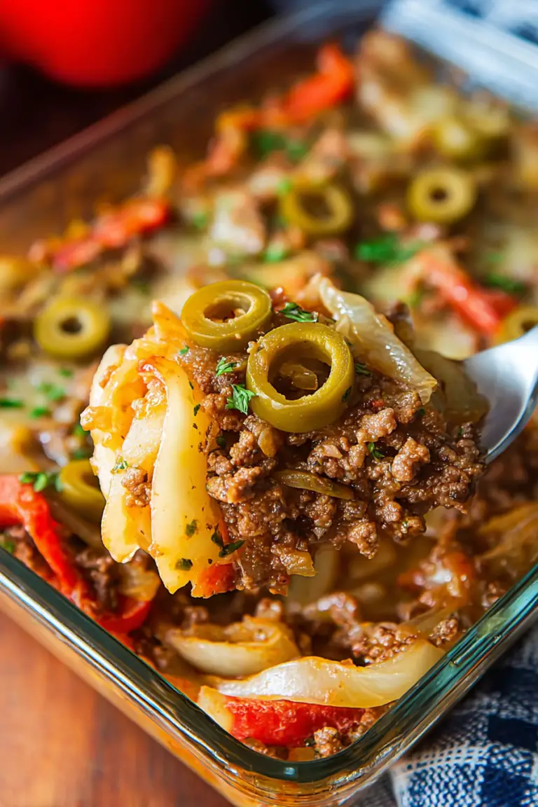 Close-up of Southern Five Layer Beef Casserole layered with potatoes, beef, tomatoes, onions, and bell peppers on a wooden table.