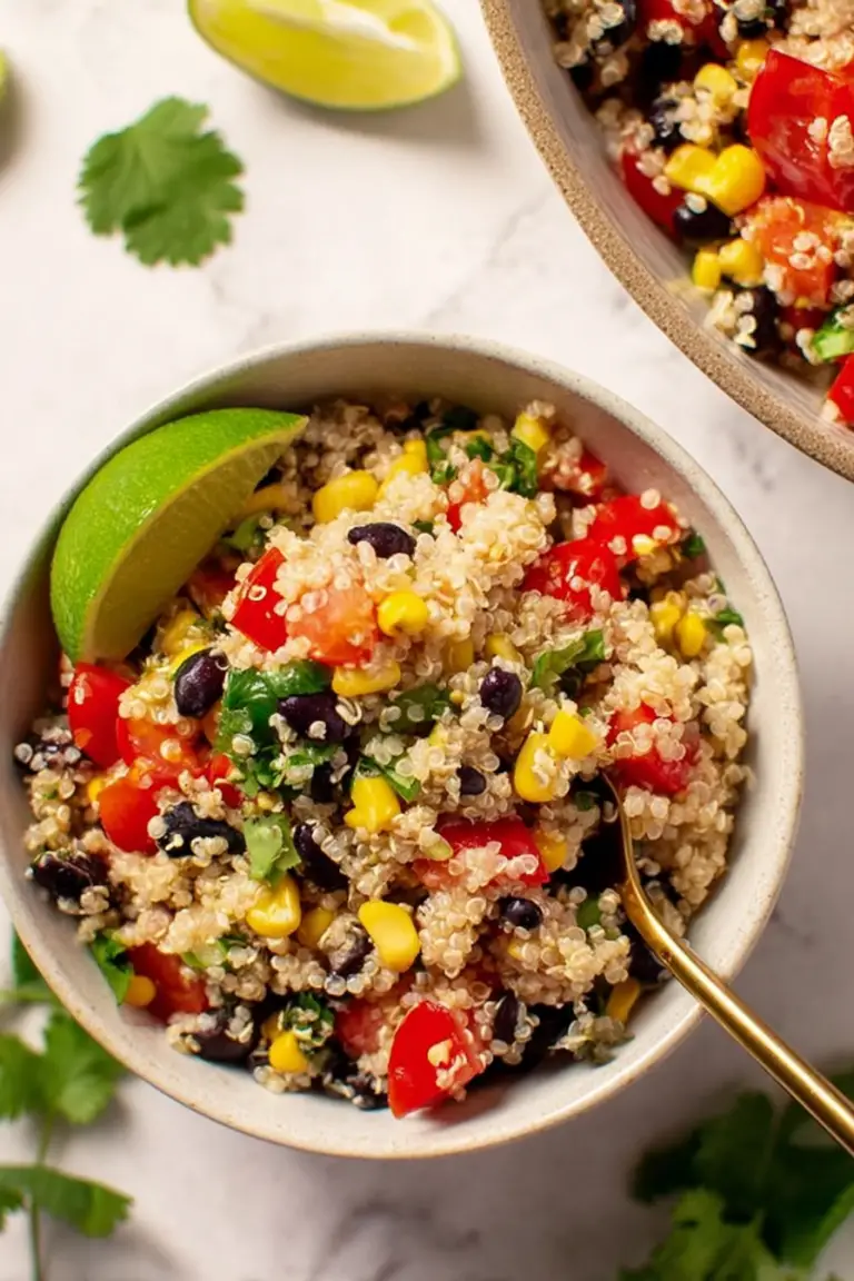Colorful Southwest Quinoa Salad with black beans, tomatoes, corn, and cilantro in a bowl topped with lime dressing.
