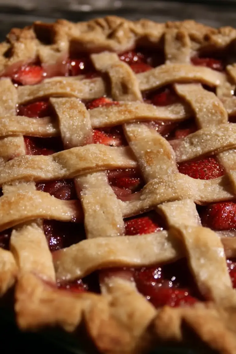 Delicious spiced strawberry rhubarb pie with ice cream on a wooden table.