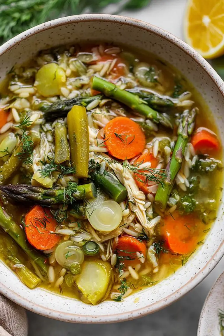 Bowl of healthy spring vegetable soup with fresh dill and lemon on a wooden table with fresh spring vegetables.