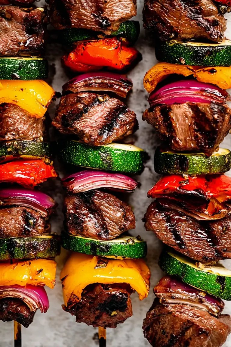 Deliciously grilled steak kabobs with colorful bell peppers, onions, and zucchini on skewers, presented on a wooden table.