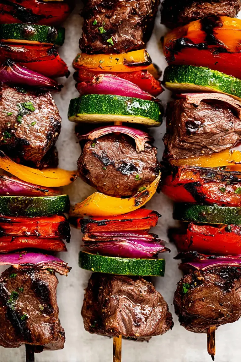 Close-up of grilled steak kabobs with vibrant vegetables on the barbecue grill.
