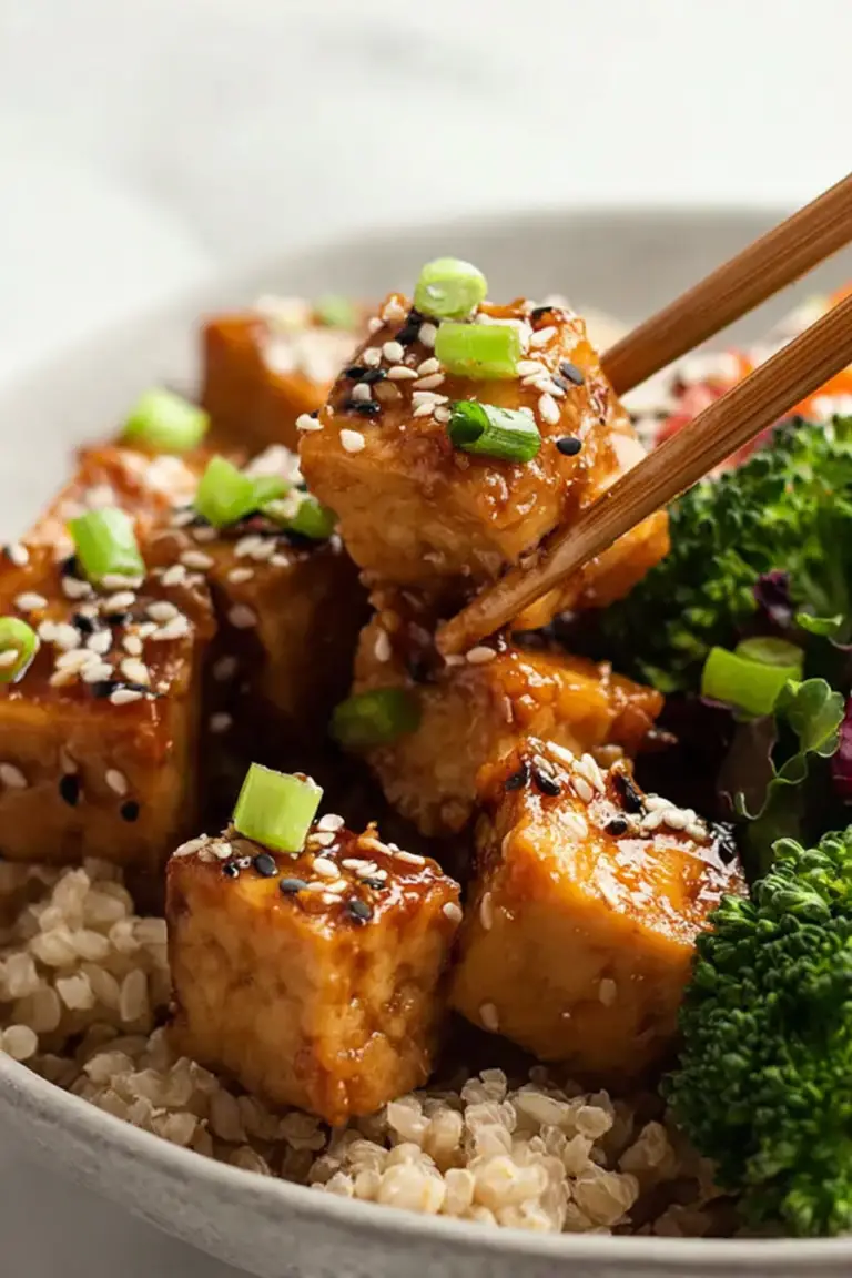 Delicious sticky miso tofu garnished with green onions and sesame seeds, served over rice.
