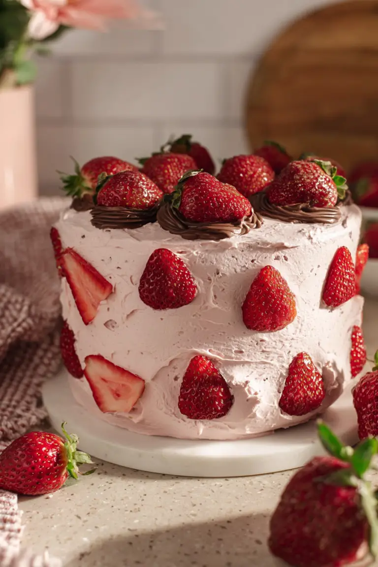 Close-up of a strawberry chocolate cake with cream cheese frosting and fresh strawberries on top.