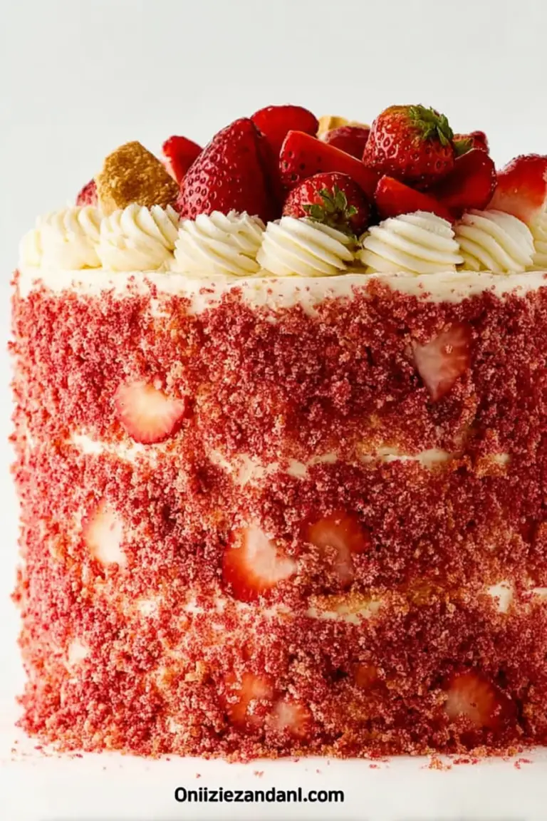 Strawberry Crunch Cake with vibrant toppings and fresh strawberries on a wooden table.