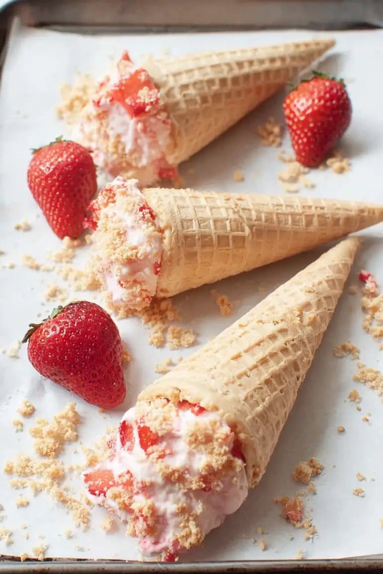 Close-up of strawberry crunch cheesecake cones topped with strawberry crumble and fresh strawberries on a pastel plate.