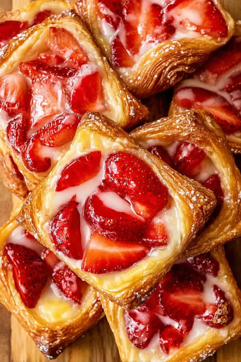 Delicious strawberry danish pastry with cream cheese filling topped with strawberries and powdered sugar.