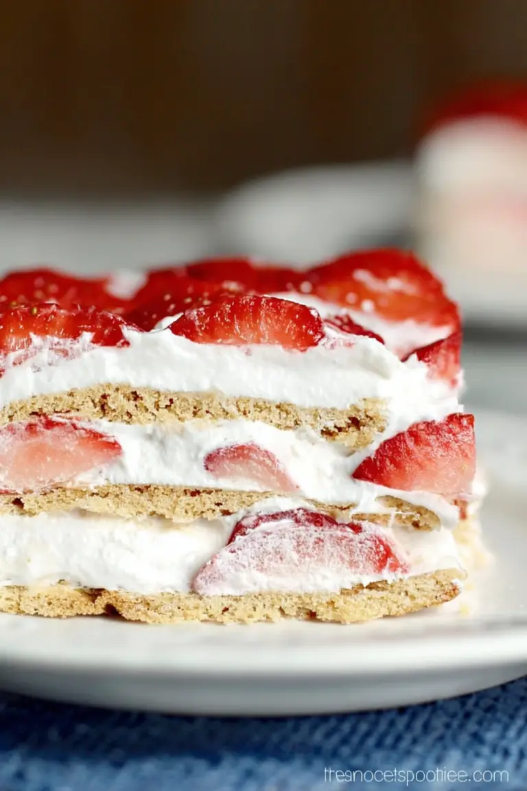 Close-up view of a strawberry icebox cake with fresh strawberries and graham crackers on a wooden table.