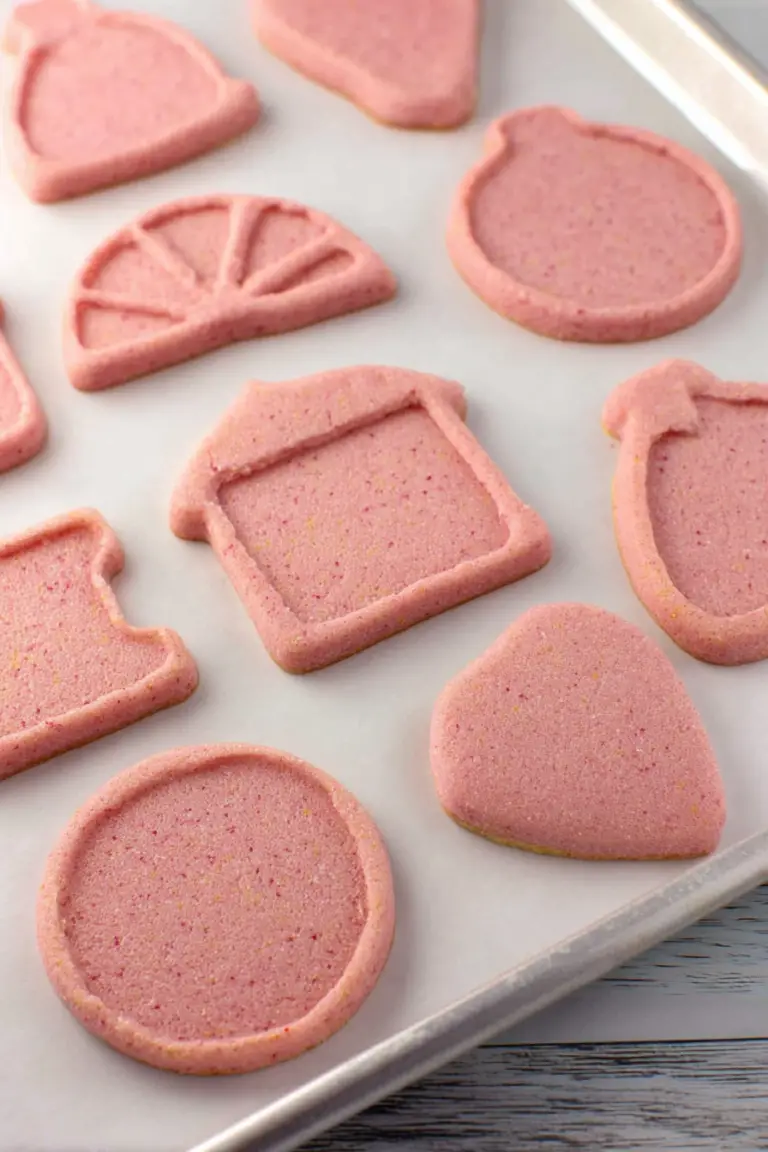 Vibrant strawberry lemonade cut-out cookies decorated with pink icing and lemon zest on a rustic wooden background.