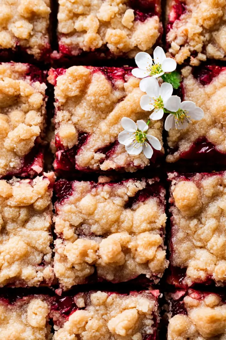 Delicious strawberry rhubarb bars with a crumbly oat topping, sliced and ready to serve.
