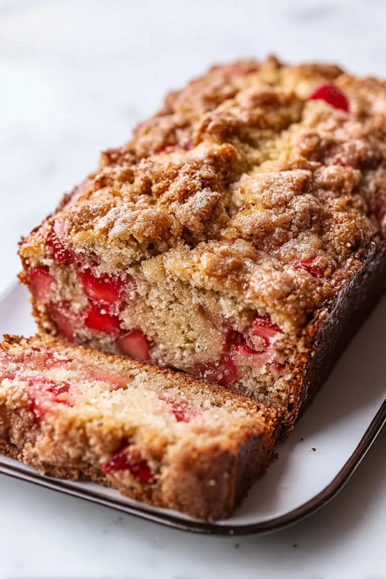Sliced strawberry rhubarb bread on a white plate with glaze and fresh fruit.