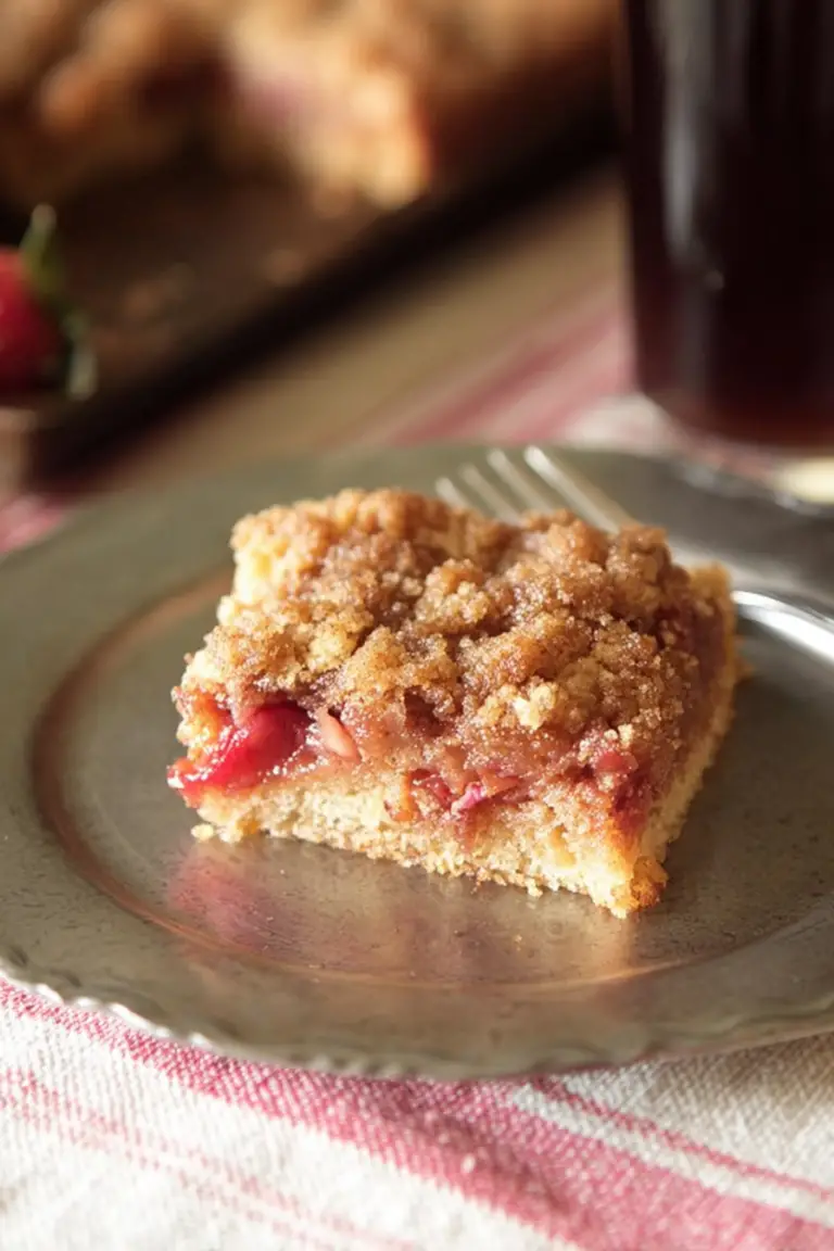 A slice of strawberry rhubarb coffee cake on a wooden table with fresh strawberries and rhubarb, showcasing the delicious layers and toppings.