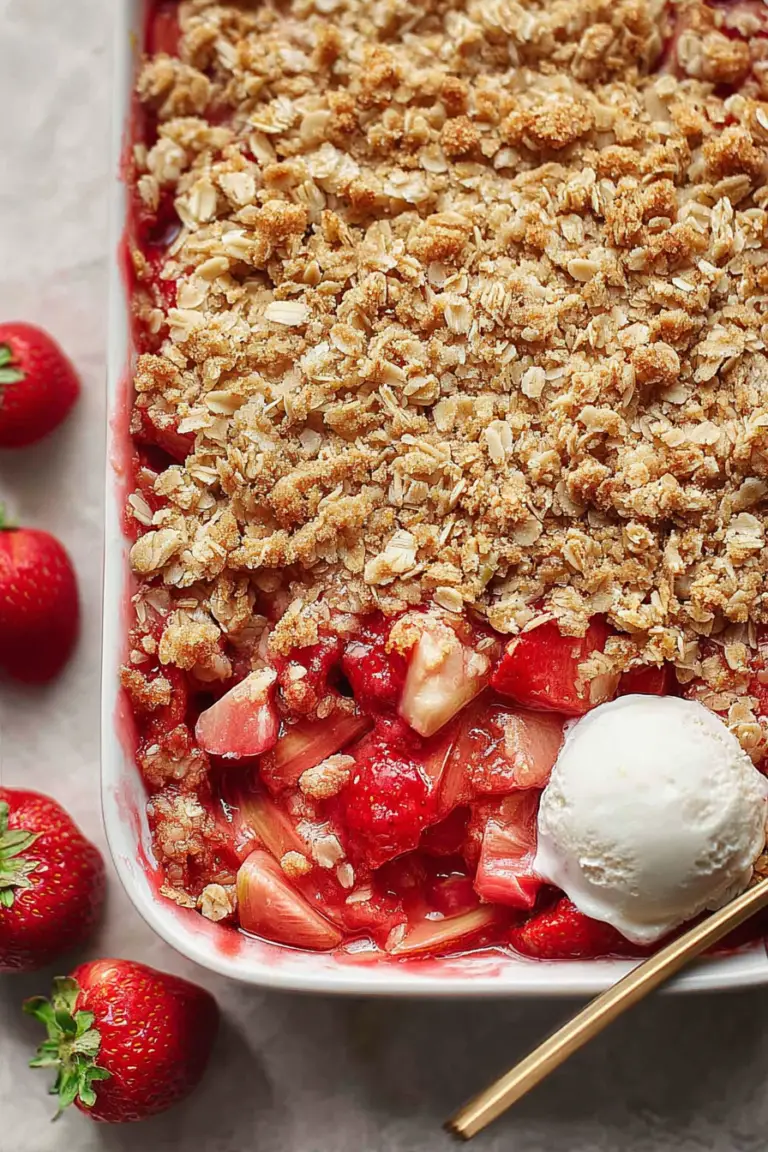 Delicious strawberry rhubarb crisp with vanilla ice cream on a rustic table.