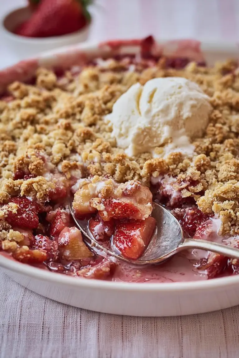 Delicious strawberry rhubarb crisp served warm with vanilla ice cream and fresh strawberries on a wooden table.