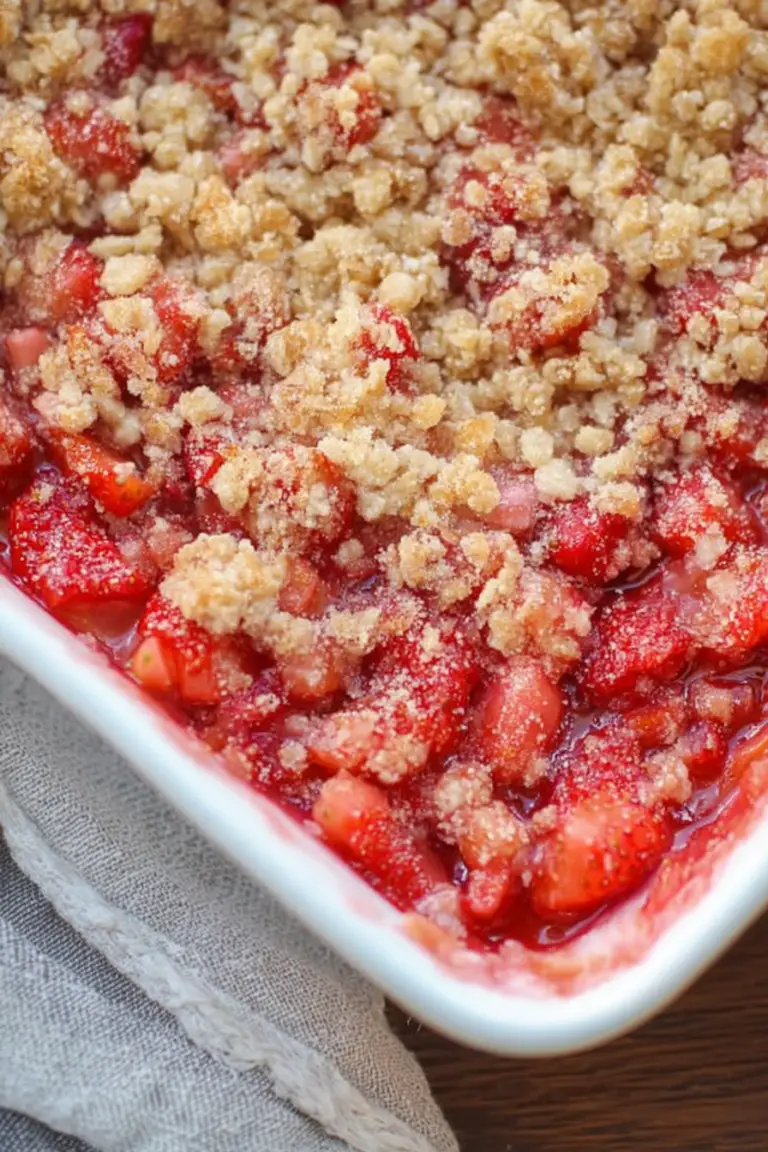 Delicious Strawberry Rhubarb Crunch dessert with golden oat topping and fresh fruit visible.