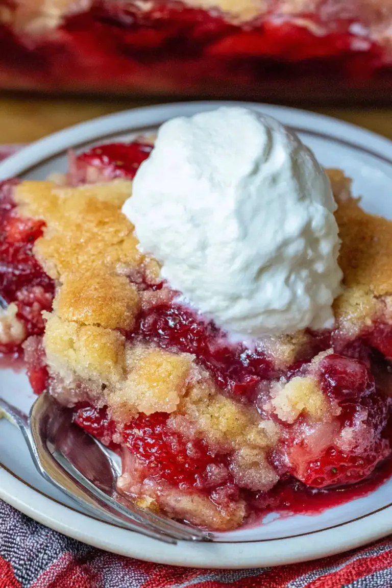 A delicious slice of strawberry rhubarb dump cake on a plate with strawberries and ice cream.