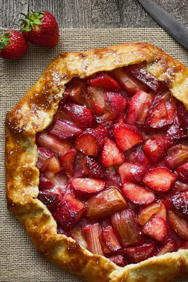 Strawberry rhubarb galette on a wooden table with fresh strawberries and rhubarb