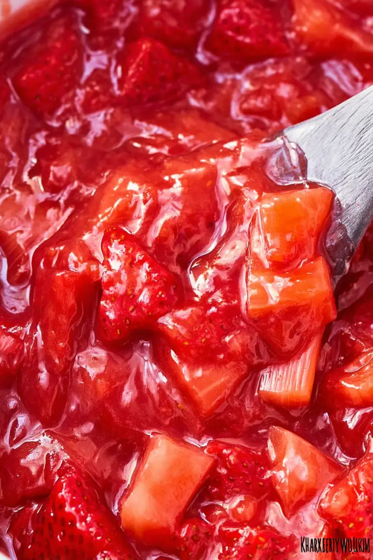 Close-up of delicious strawberry rhubarb pie filling in a pot, surrounded by fresh strawberries and rhubarb.