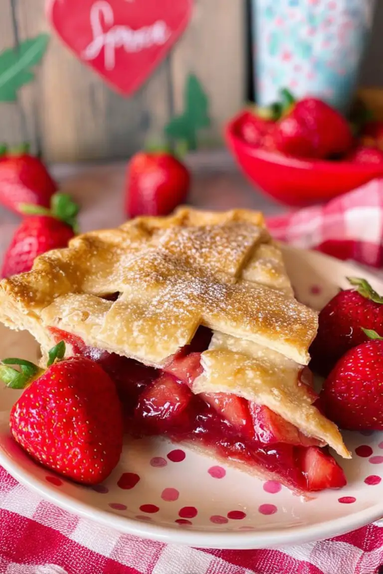 Deliciously baked strawberry rhubarb pie with fresh strawberries and rhubarb on a rustic wooden table