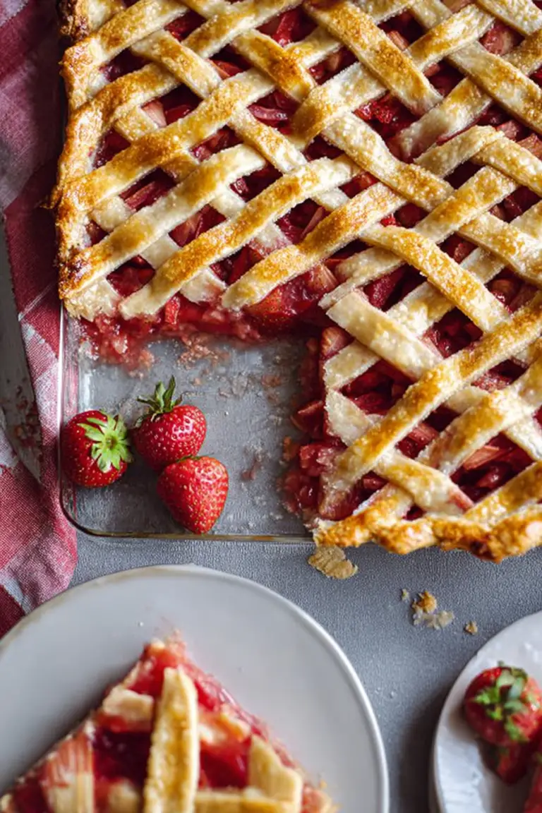 Delicious homemade strawberry rhubarb slab pie served on a wooden table, surrounded by fresh strawberries and rhubarb.
