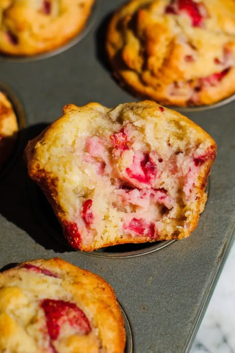 Freshly baked strawberry rhubarb sour cream muffins with fresh fruit on top, highlighting their delicious texture and vibrant colors.