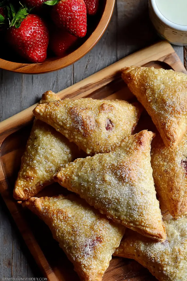 Delicious strawberry rhubarb turnover with a bite taken out, showcasing the fresh fruit filling, on a rustic table.