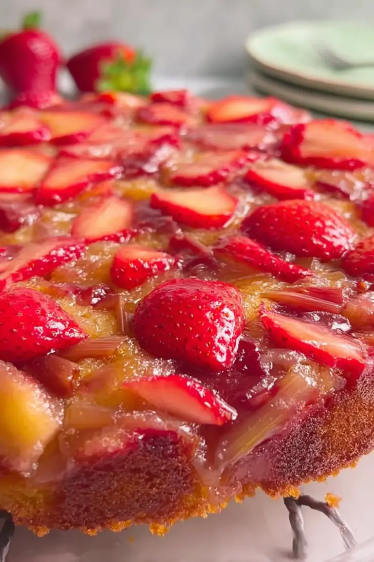 Slice of strawberry rhubarb upside down cake garnished with strawberries and mint on a rustic table.