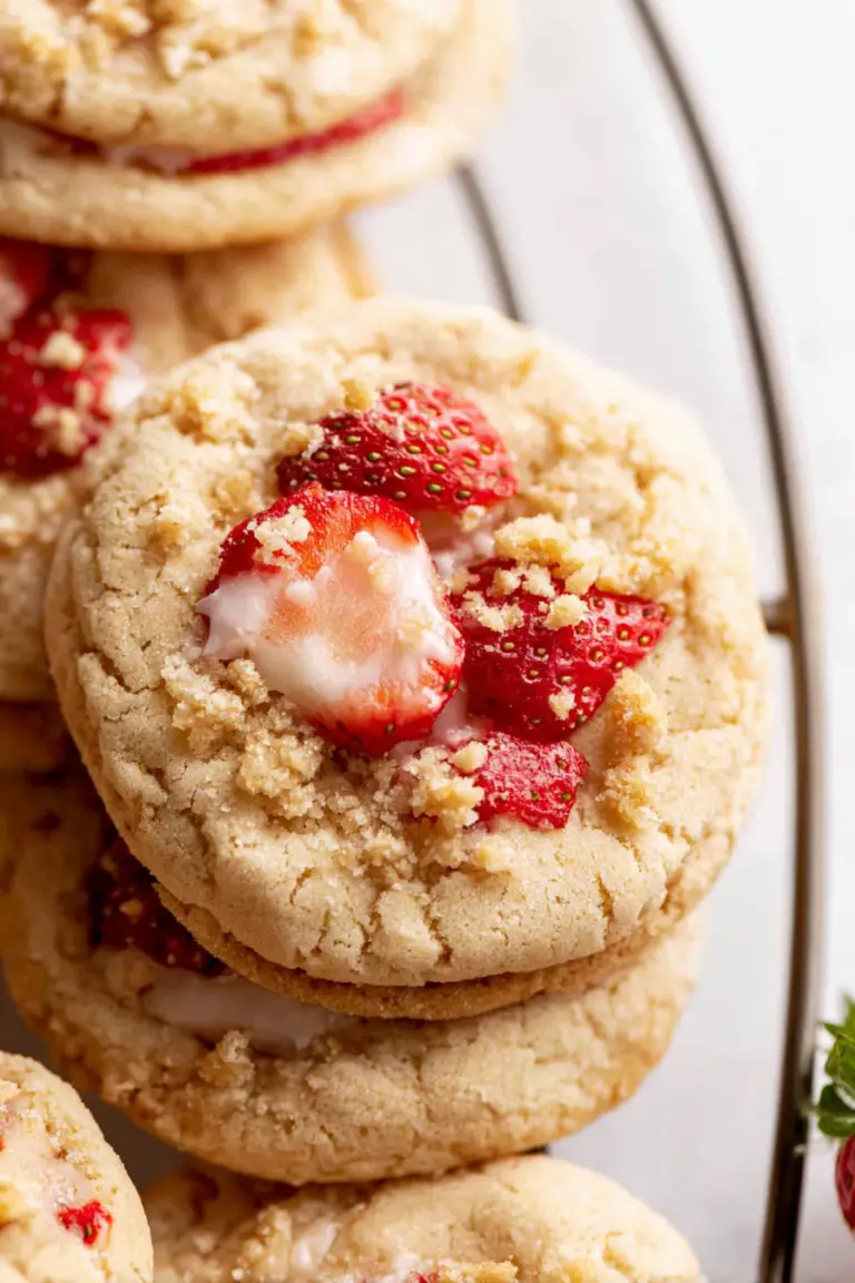 Freshly baked strawberry shortcake cookies on a wooden table with strawberries and milk.