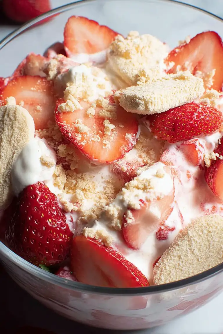 Delicious strawberry shortcake fruit salad in a bowl, topped with fresh strawberries and crumble.