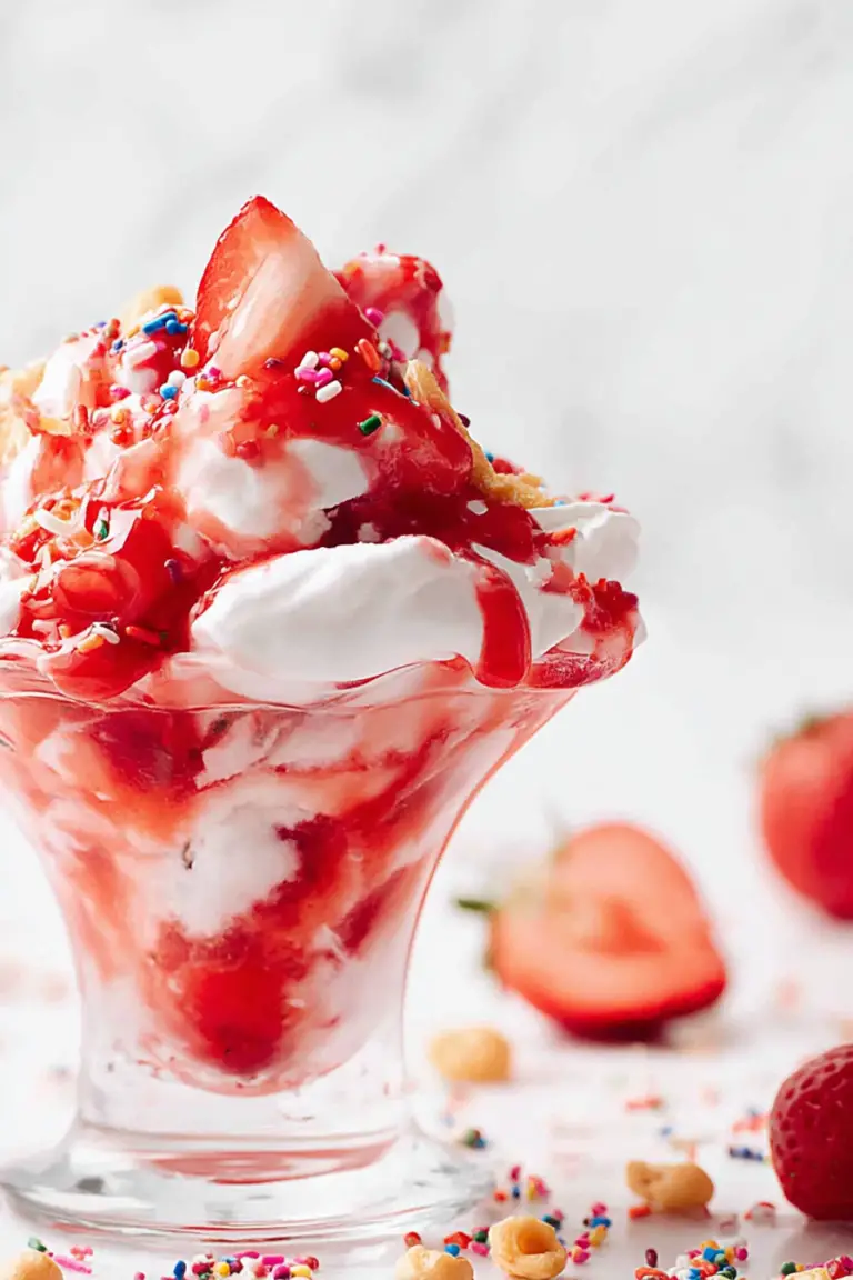 Close-up of a strawberry sundae with whipped cream, fresh strawberries, nuts, and sprinkles in a glass dessert cup.