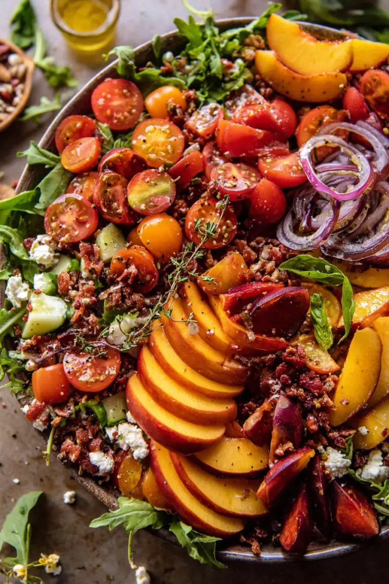 Fresh summer chopped tomato peach salad served in a bowl with colorful ingredients including tomatoes, peaches, and greens.