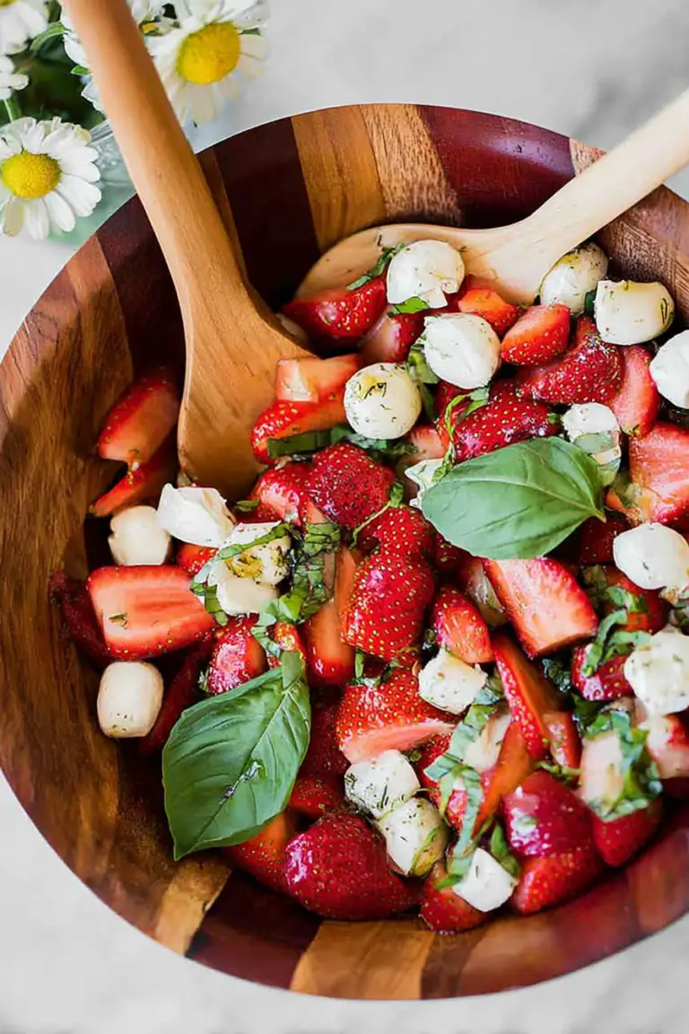 Summer strawberry caprese salad with strawberries, mozzarella, basil, and honey vinaigrette on a rustic table