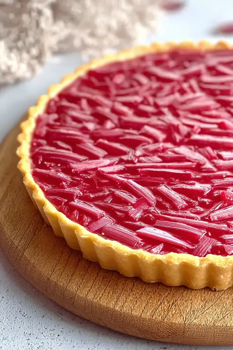Deliciously baked sweet rhubarb custard tart garnished with powdered sugar and fresh rhubarb slices.