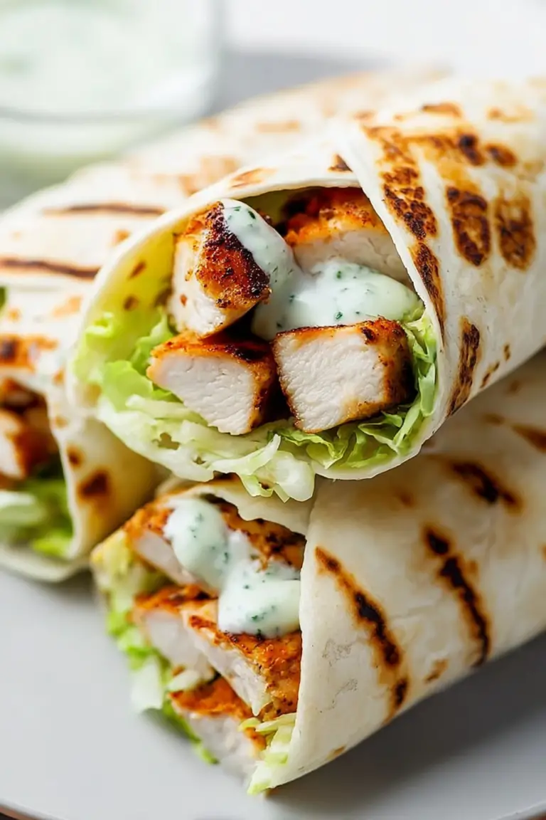 Tasty grilled chicken wrap sliced open, revealing fresh lettuce, cheese, and grilled chicken, served with herbs.