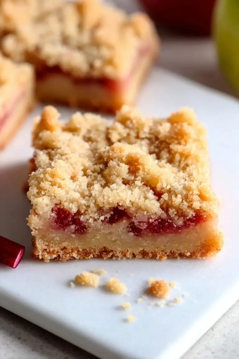 Delicious rhubarb bars with a shortbread crust, topped with powdered sugar, served on a white plate with fresh rhubarb.