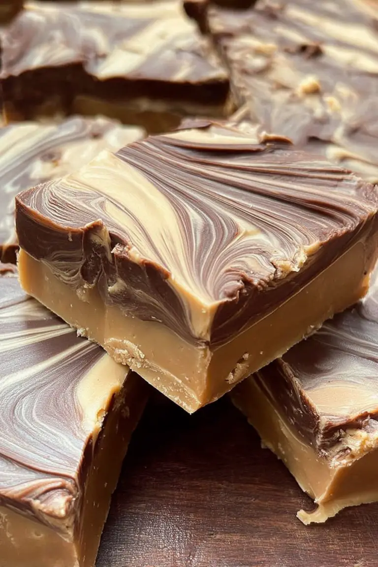 Delicious homemade tiger butter fudge pieces on a decorative plate, featuring creamy layers of white chocolate, peanut butter, and semi-sweet chocolate drizzle.