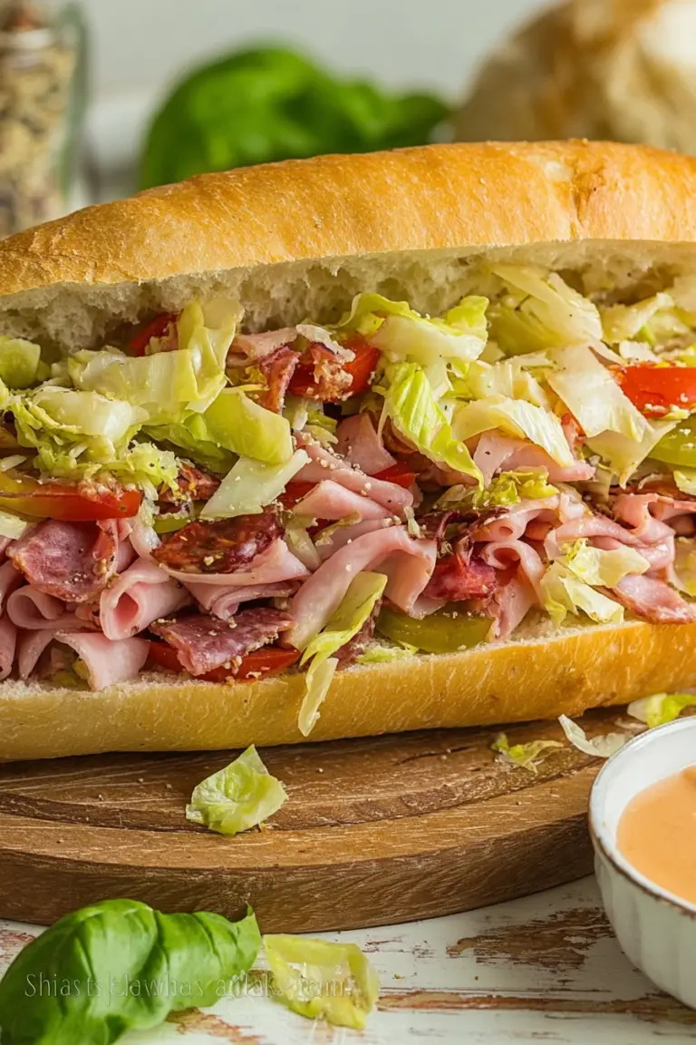 Close-up of a vibrant TikTok viral chopped Italian sandwich with deli meats, cheeses, and vegetables on a cutting board
