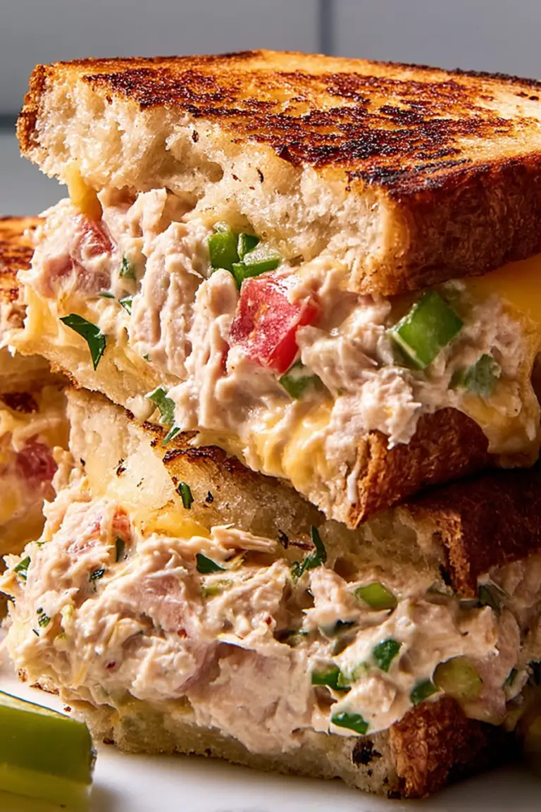 Toasted tuna melt sandwich cut in half, showcasing melted cheese and tuna salad, served on a wooden table.