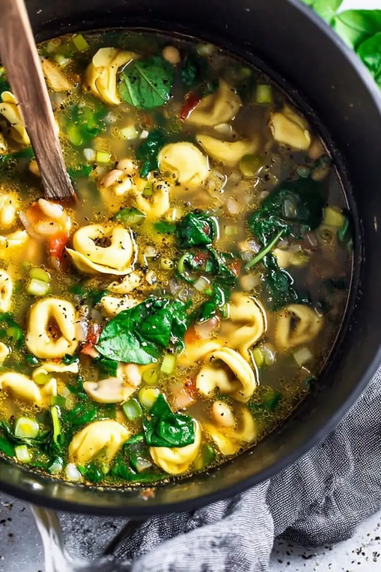 Delicious tortellini soup with basil and olive oil served in a rustic bowl.