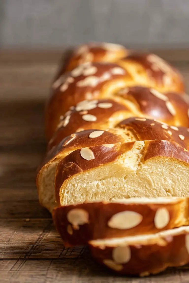 Traditional Greek Tsoureki bread braided and garnished with almond slivers, resting on a wooden table.