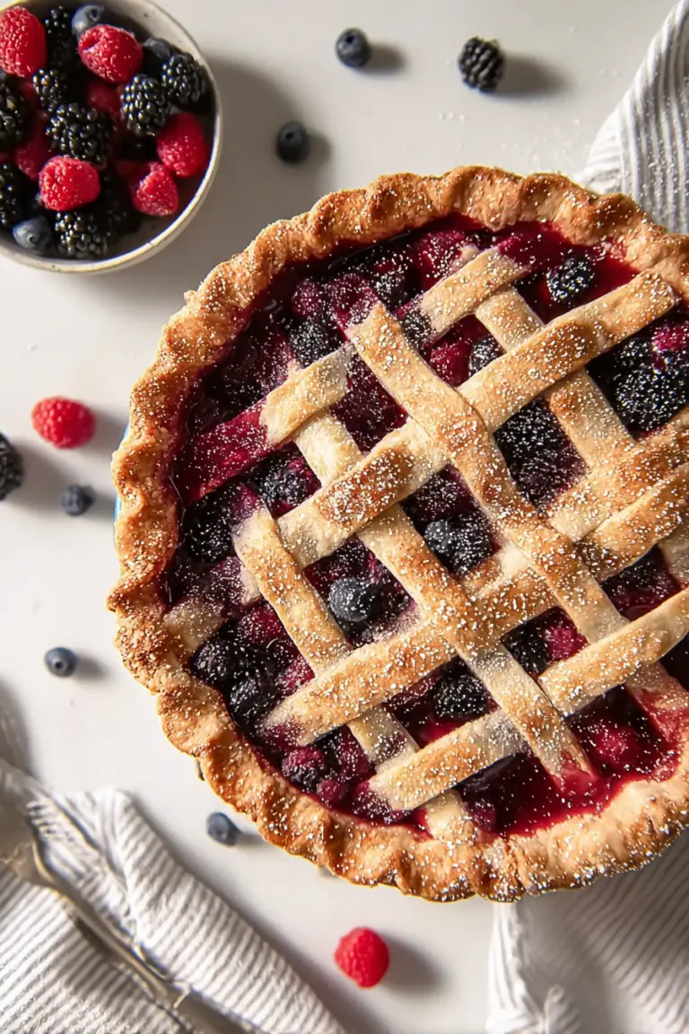 Close-up of a delicious triple berry pie with a flaky crust and juicy raspberry, blueberry, and blackberry filling.
