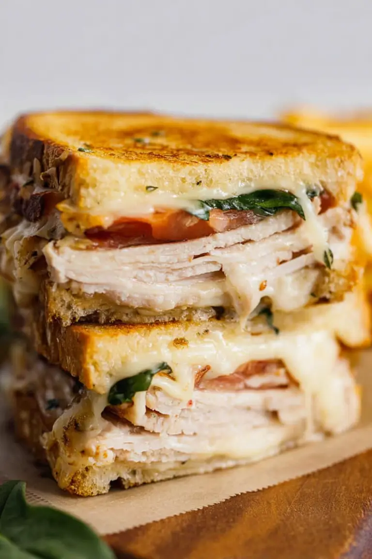 Delicious turkey melt sandwich with cheddar, spinach, and bacon, paired with a comforting bowl of tomato soup